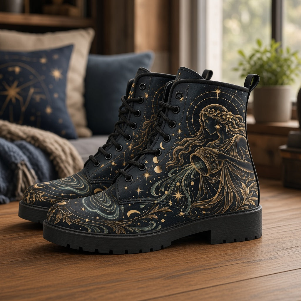 Aquarius Zodiac Vegan Leather Lace-Up Boots
