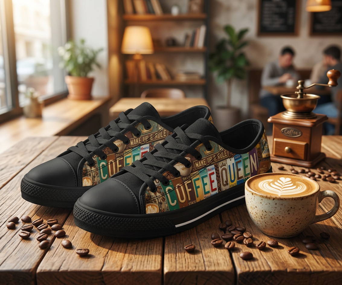 Coffee Queen License Plate Canvas Low Top Shoes - TrendifyCo
