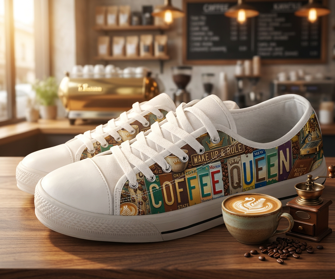 Coffee Queen License Plate Canvas Low Top Shoes - TrendifyCo