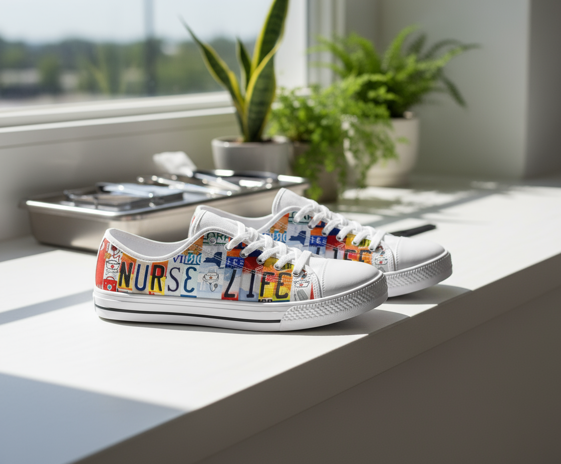 A pair of white low-top canvas sneakers with colorful custom illustrations and text, including the word 'NURSE' and 'LIFE', resting on a white windowsill with potted plants in the background.