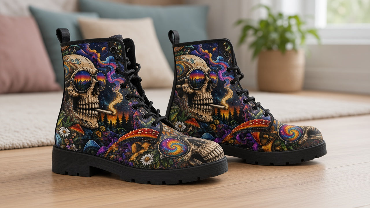 Psychedelic Art Skull Mushrooms Custom Vegan Boots