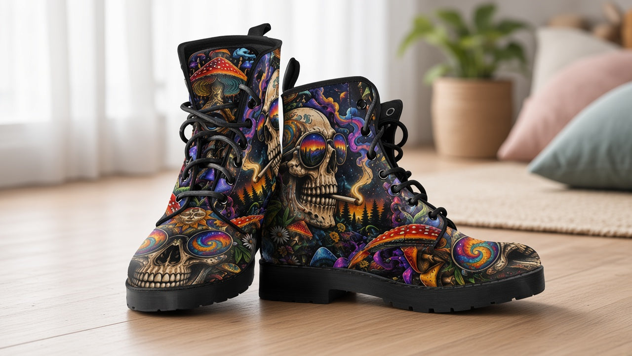 Psychedelic Art Skull Mushrooms Custom Vegan Boots