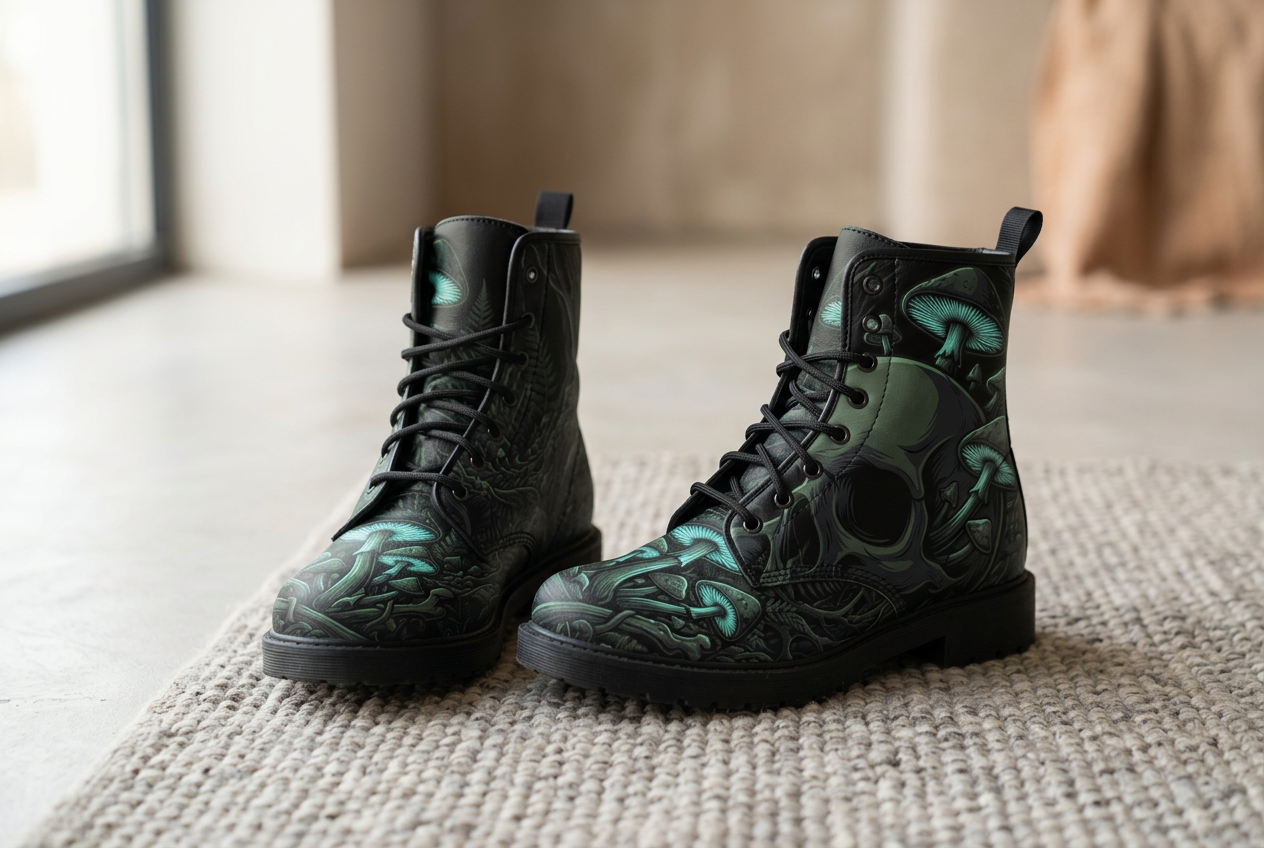 A pair of black lace-up ankle boots with embossed skull and magic mushrooms patterns, resting on a textured beige rug in a softly lit indoor setting.