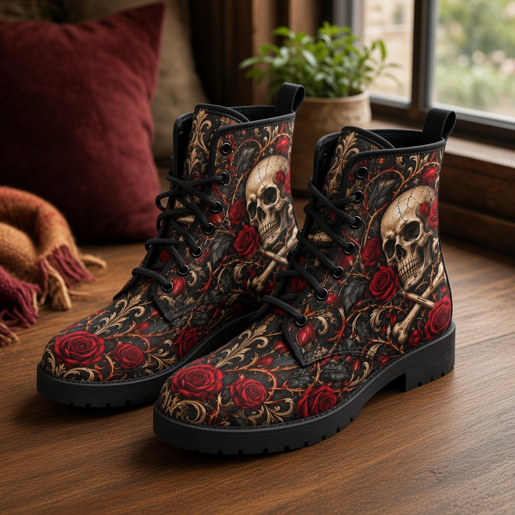 Skull Vegan Leather Lace-Up Custom Boots