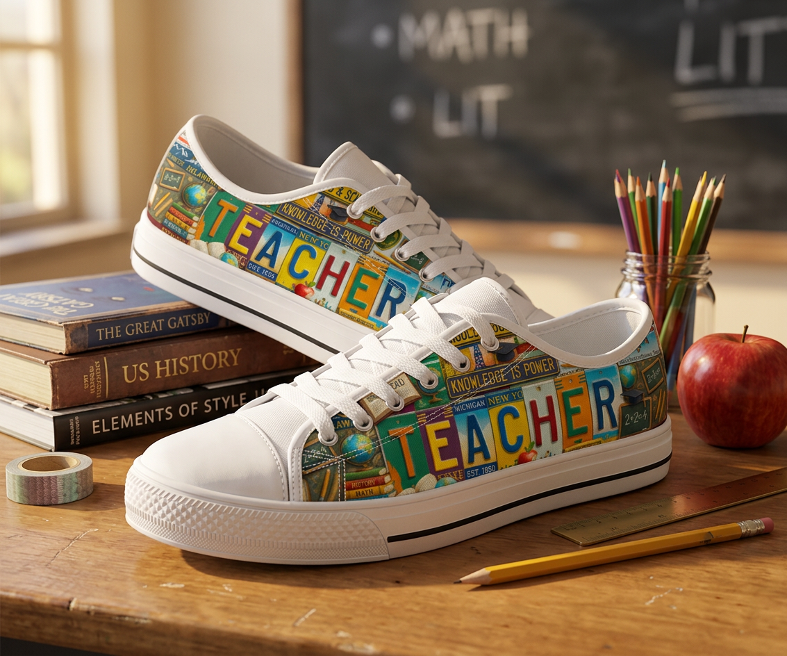 Teacher License Plate Canvas Low Top Shoes - TrendifyCo