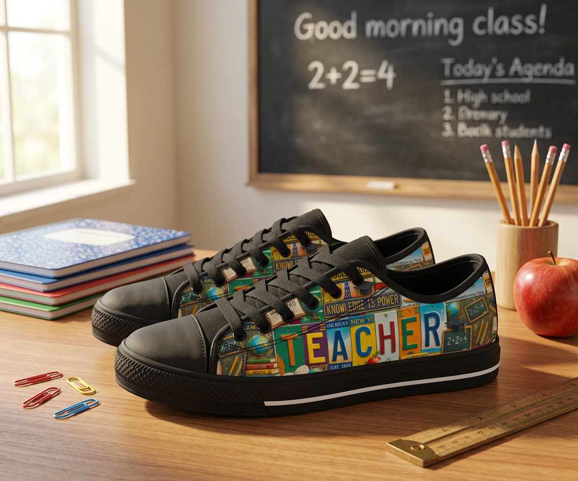 Teacher License Plate Canvas Low Top Shoes - TrendifyCo