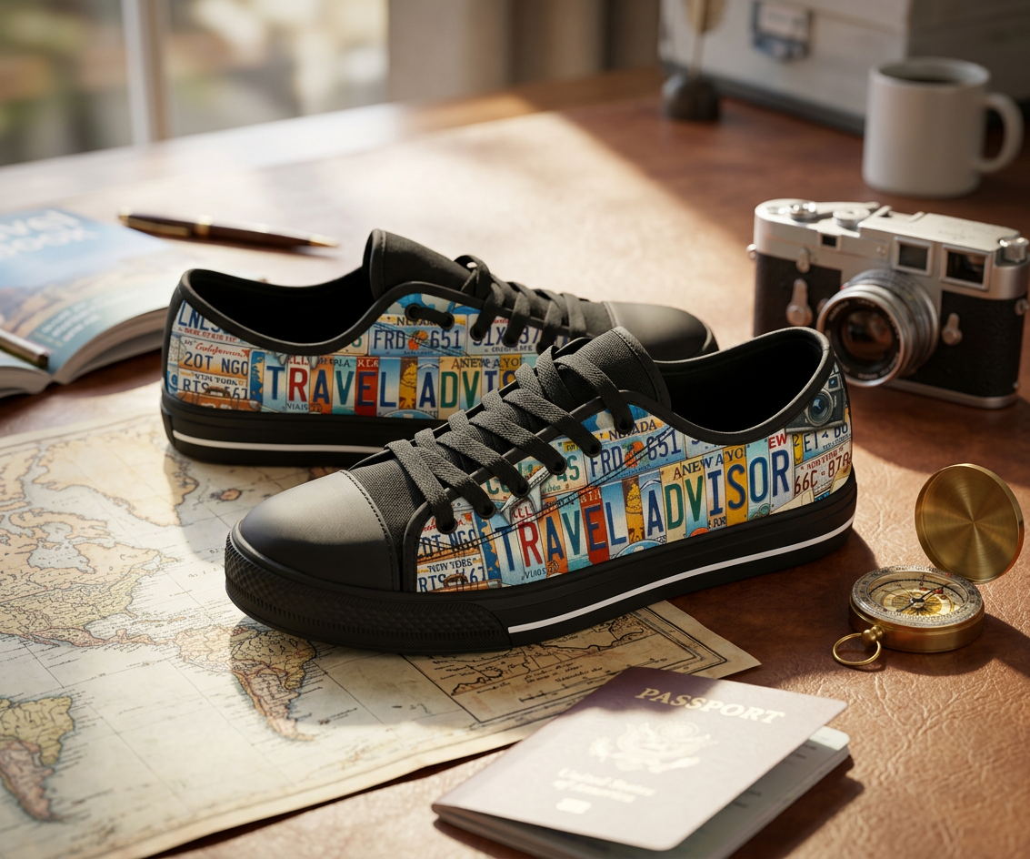 Travel Advisor License Plate Canvas Low Top Shoes - TrendifyCo
