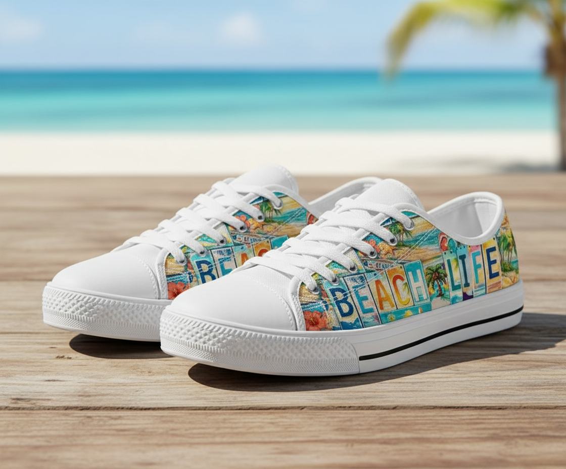 Beach Life License Plate Canvas Low Top Shoes - TrendifyCo
