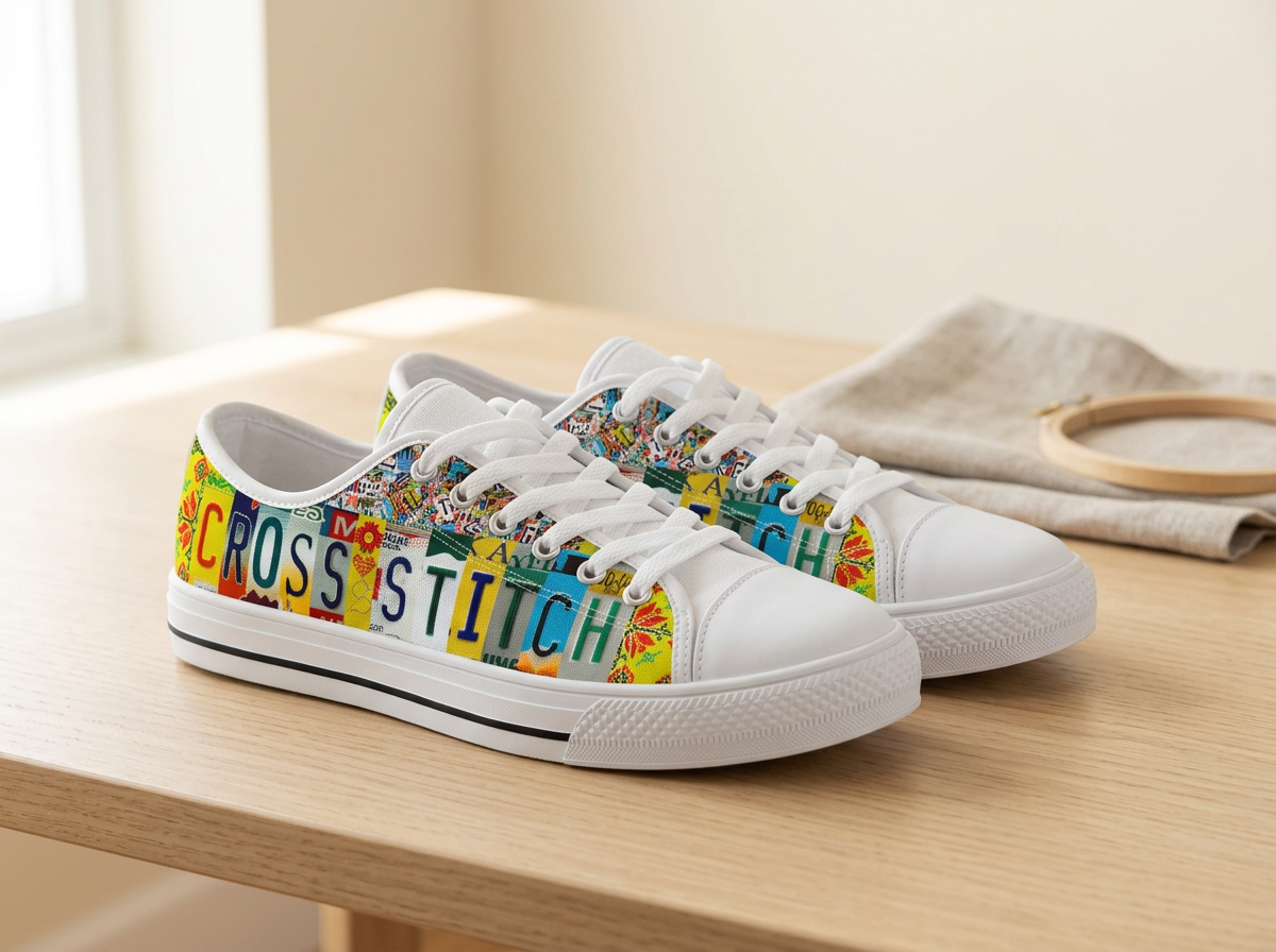 A pair of white low-top canvas sneakers with colorful collage-style side panels spelling 'CROSS STITCH' in blue letters, displayed on a light wood table with a beige cloth and embroidery hoop in the background.