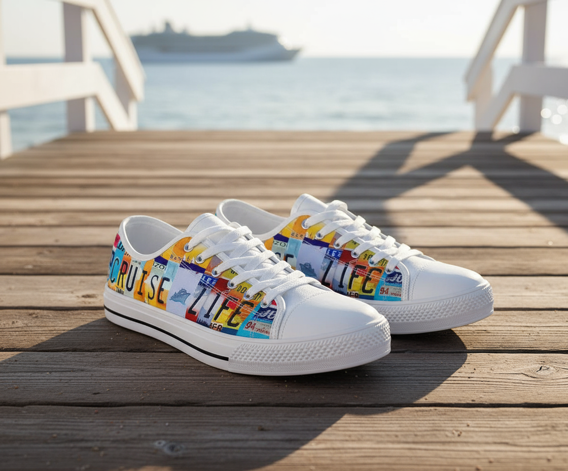 A pair of white low-top canvas sneakers with colorful license plate style graphics spelling 'ORLUSE' and 'WILMINGTON', displayed on a wooden dock with the ocean and a ship in the background.