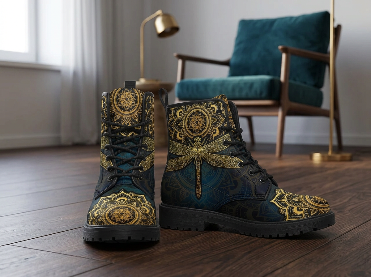 A pair of lace-up ankle boots with intricate gold mandala and dragonfly patterns on a dark teal and black background, displayed on a wooden floor in a modern room with a teal armchair and brass lamp.