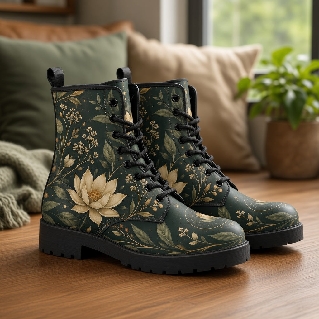 Botanical Forest Green Vegan Leather Custom Boots