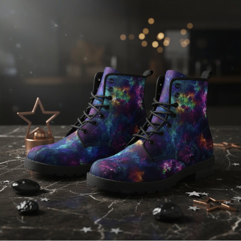 A pair of lace-up ankle boots with a vibrant purple, blue, and teal galaxy nebula print, displayed on a dark marble surface with decorative star props.
