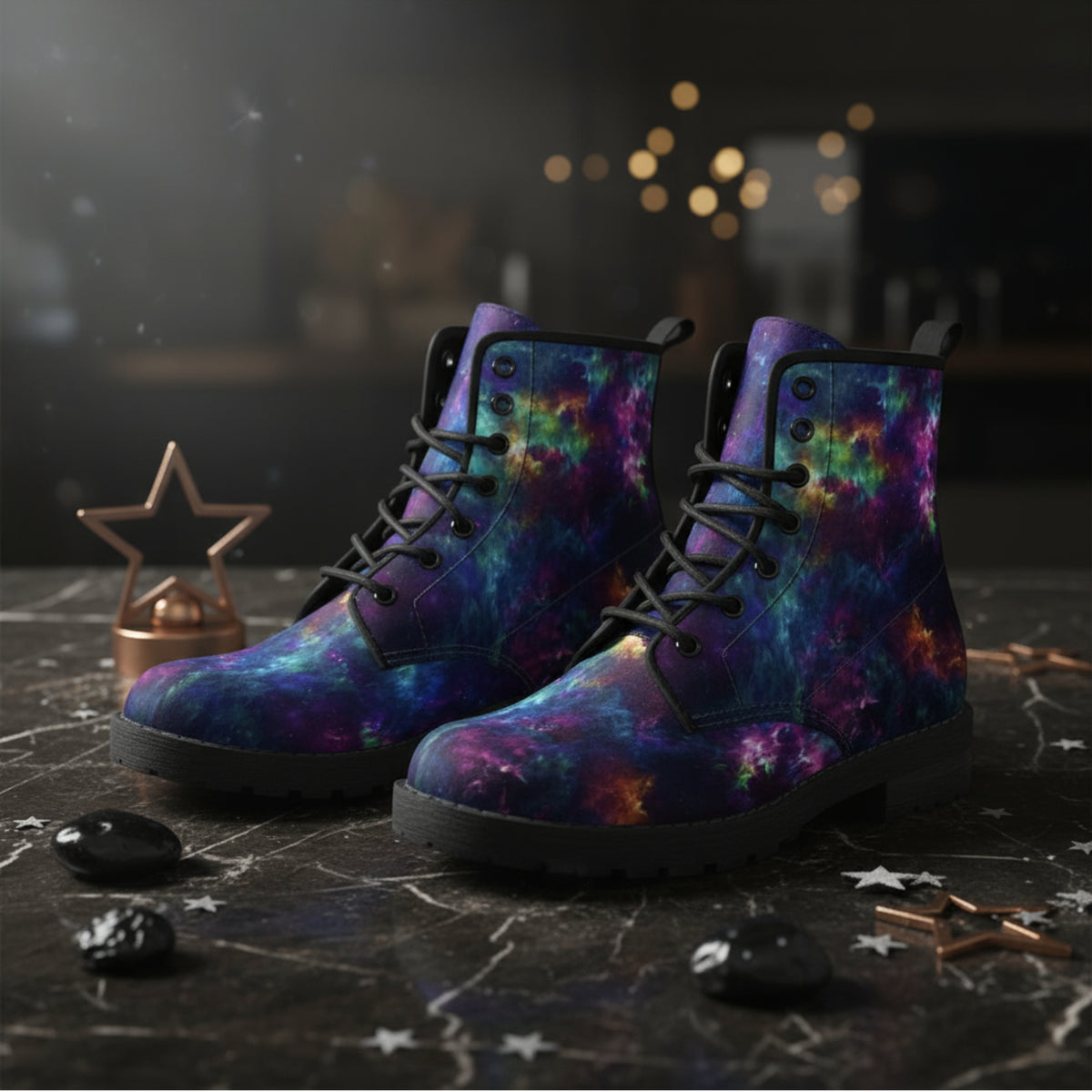 A pair of lace-up ankle boots with a vibrant purple, blue, and teal galaxy nebula print, displayed on a dark marble surface with decorative star props.