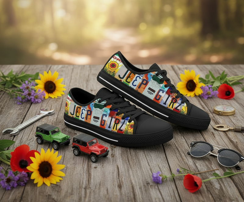A pair of black low-top sneakers with a colorful 'Jeep is Girl' license plate pattern on the sides, displayed on a rustic wooden surface surrounded by sunflowers, toy Jeeps, sunglasses, and a wrench.