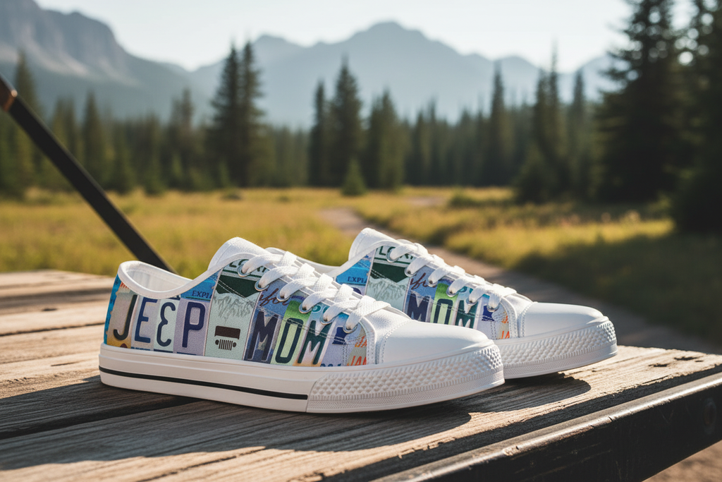 A pair of white low-top canvas sneakers with colorful license plate-style lettering spelling 'JEEP MOM' and 'MOM', displayed on a wooden deck with a blurred mountain and forest background.