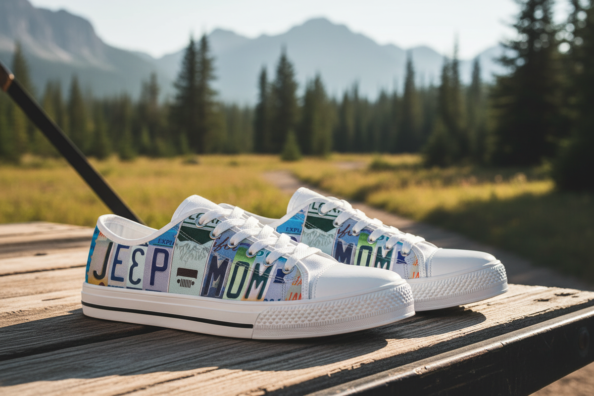 A pair of white low-top canvas sneakers with colorful license plate-style lettering spelling 'JEEP MOM' and 'MOM', displayed on a wooden deck with a blurred mountain and forest background.
