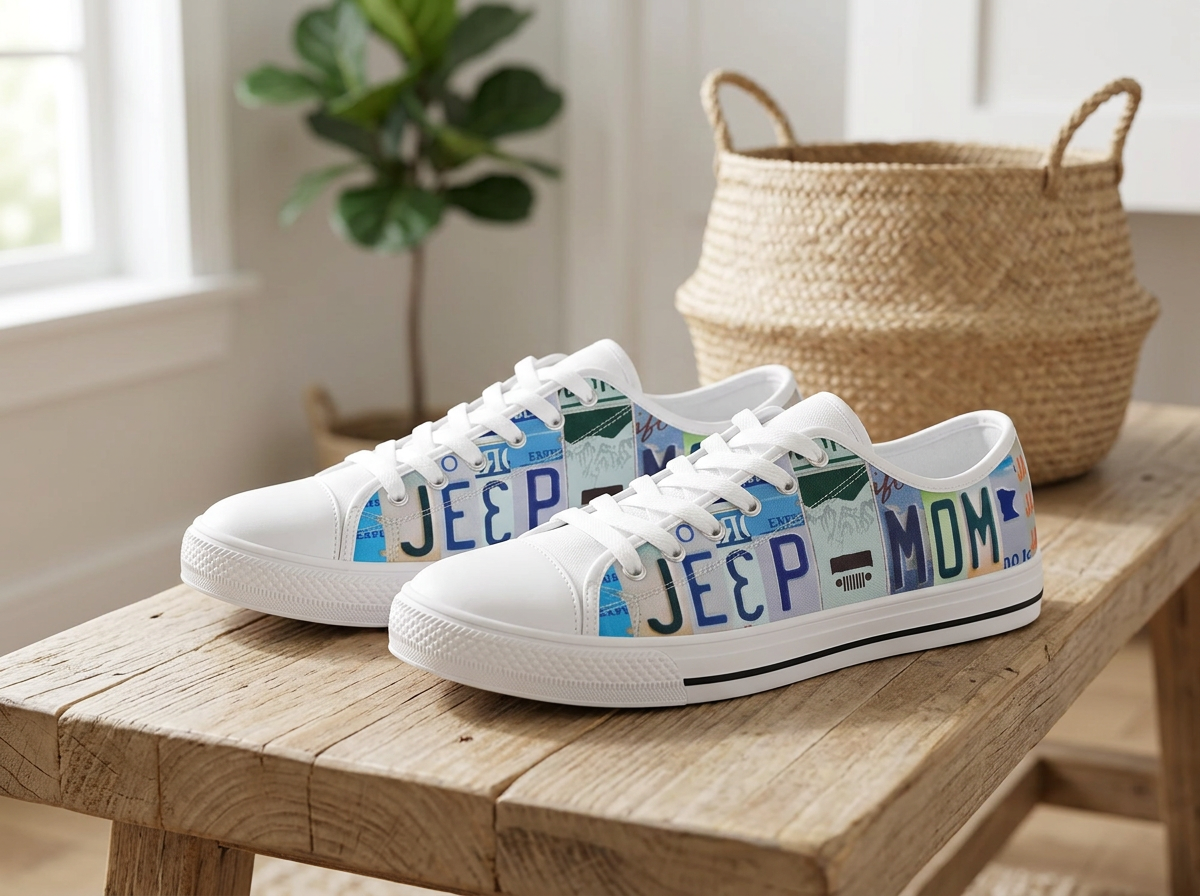 A pair of white low-top canvas sneakers with colorful custom graphics spelling 'JEEP P' and 'MOM' using license plate style designs, displayed on a rustic wooden bench in a bright room with a woven basket and plant in the background.