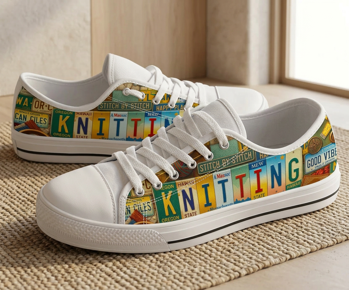 Knitting License Plate Canvas Low Top Shoes - TrendifyCo