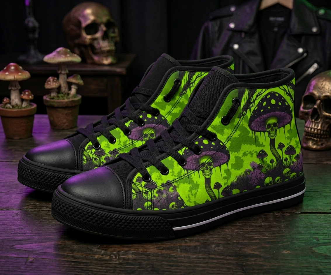 Skull and Mushroom Canvas High Top Shoes