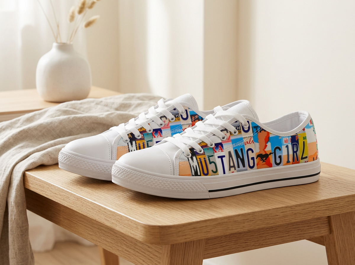 A pair of white low-top canvas sneakers with a colorful collage print on the sides, featuring the text 'MUSTANG GIRL' and various license plate graphics, displayed on a wooden table in a warm, neutral-toned room.