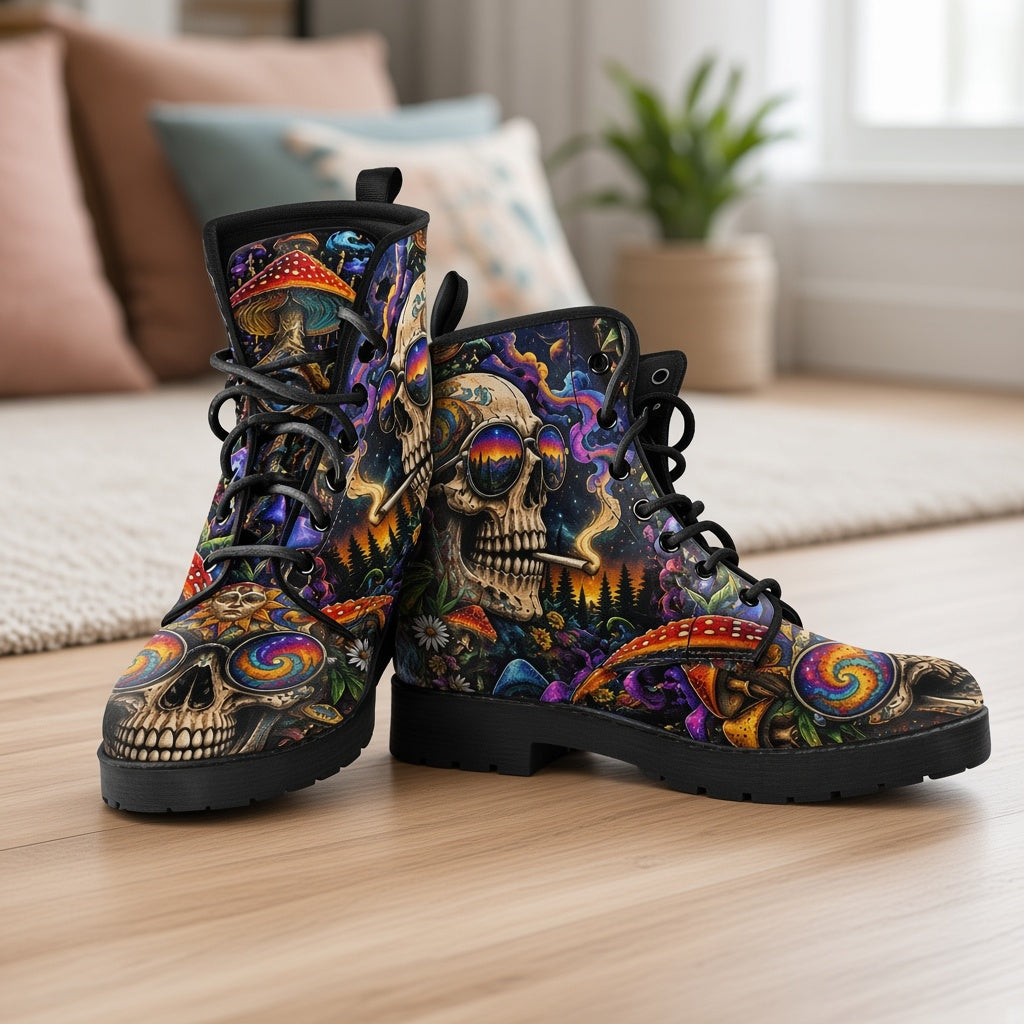 Psychedelic Art Skull Mushrooms Custom Vegan Boots