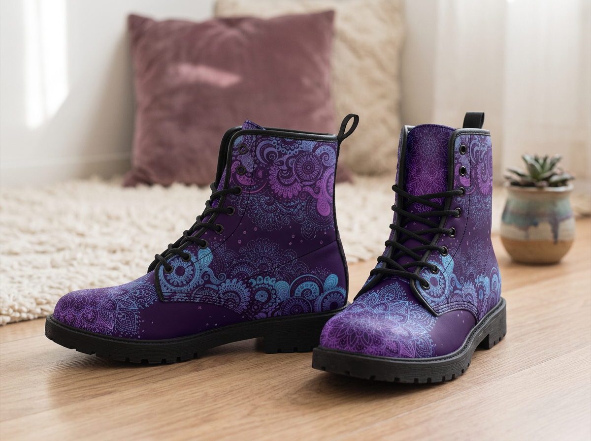 A pair of lace-up ankle boots with a purple and blue mandala pattern, displayed on a wooden floor in a cozy room setting with a rug, pillows, and a small plant.