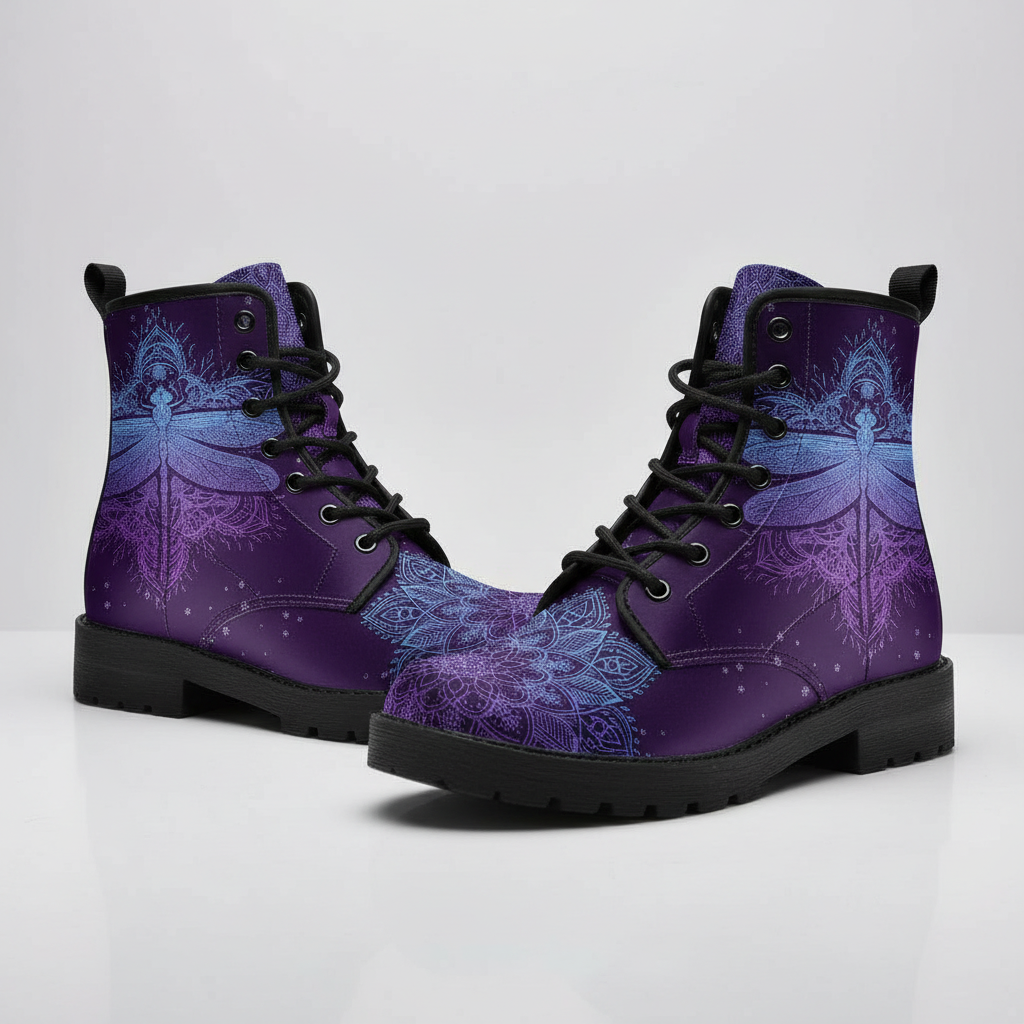 A pair of lace-up combat boots with a purple and blue dragonfly and mandala pattern, shown on a clean white studio background.