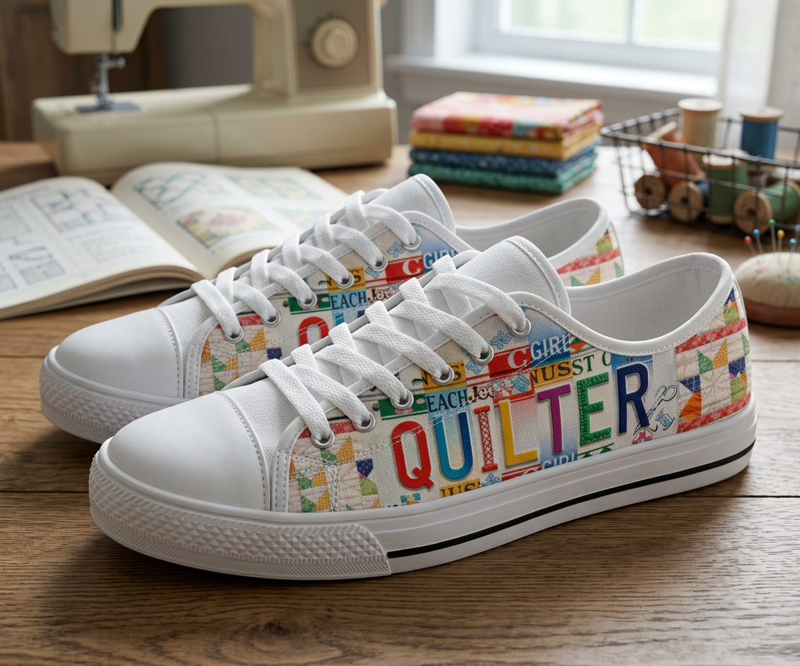Quilter License Plate Canvas Low Top Shoes - TrendifyCo