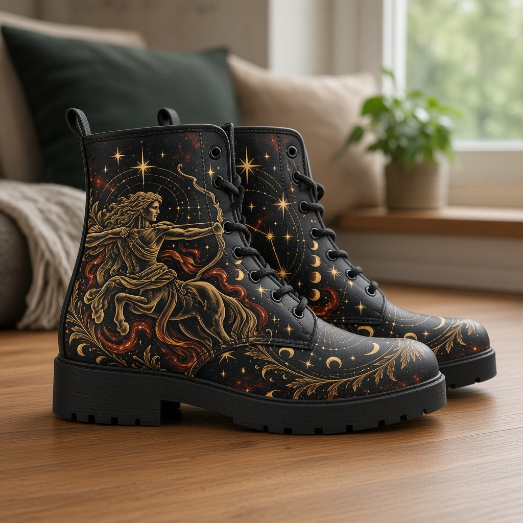 Sagittarius Zodiac Print Vegan Leather Lace-Up Boots
