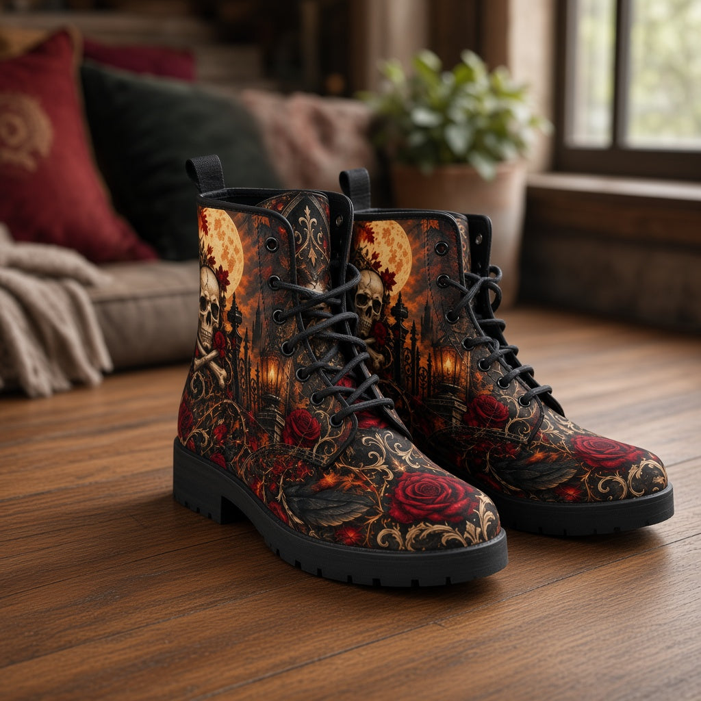 Skull and Roses Print Vegan Leather Boots