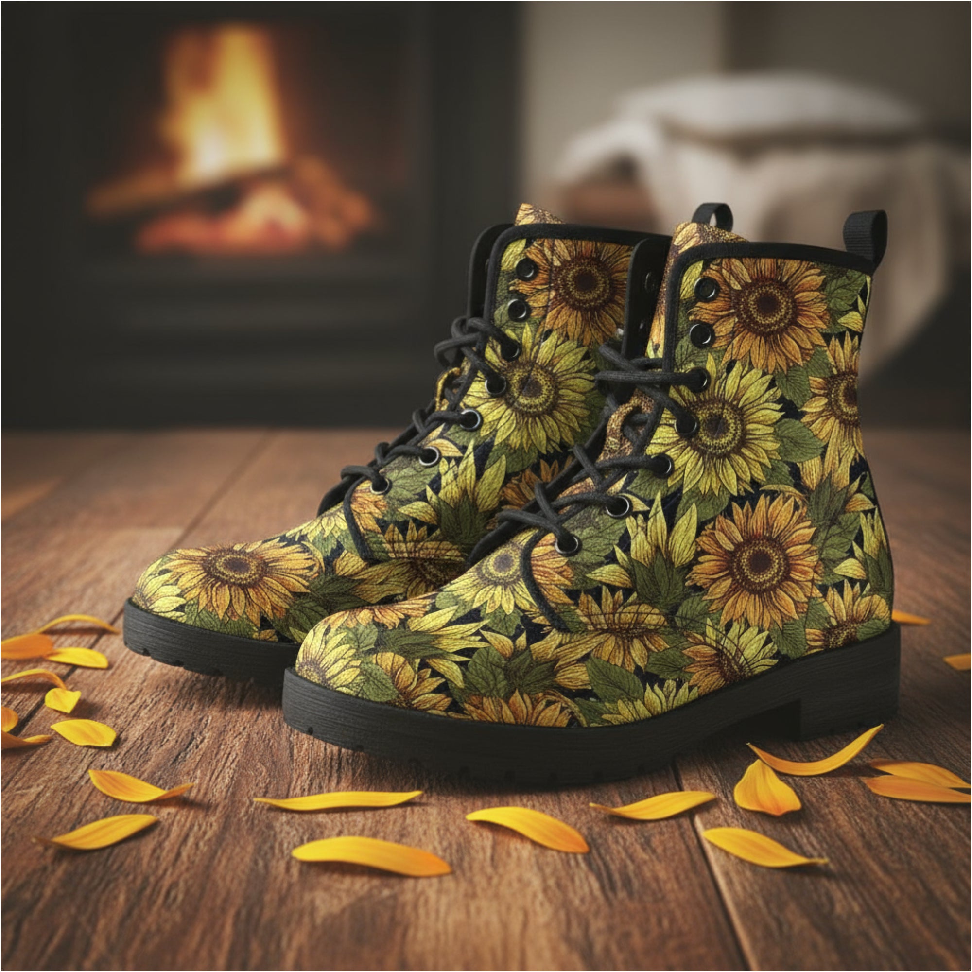 A pair of lace-up ankle boots with a vibrant yellow and green sunflower print, displayed on a wooden floor with scattered petals in front of a warm, blurred fireplace.