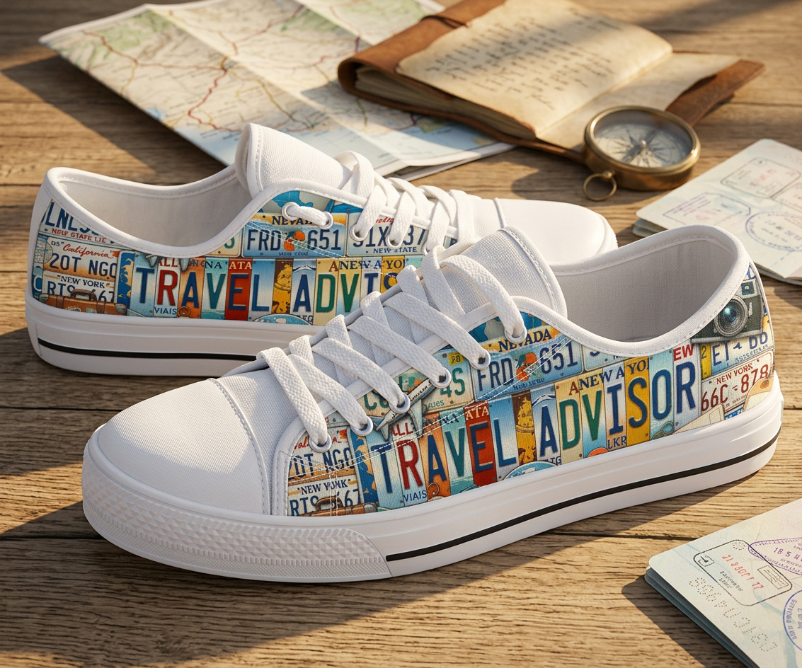 Travel Advisor License Plate Canvas Low Top Shoes - TrendifyCo