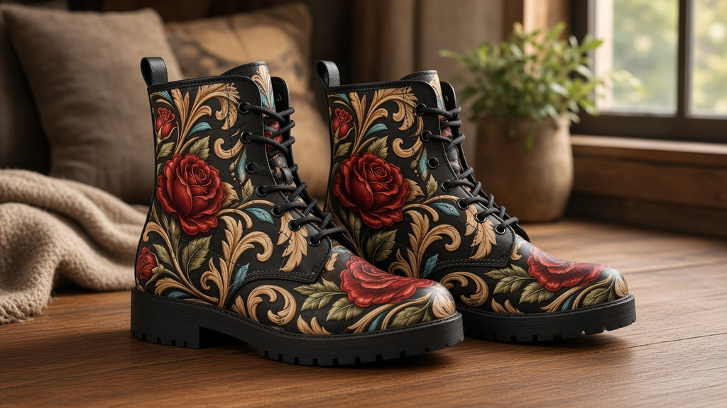 Western Floral Print Vegan Leather Lace-Up Boots