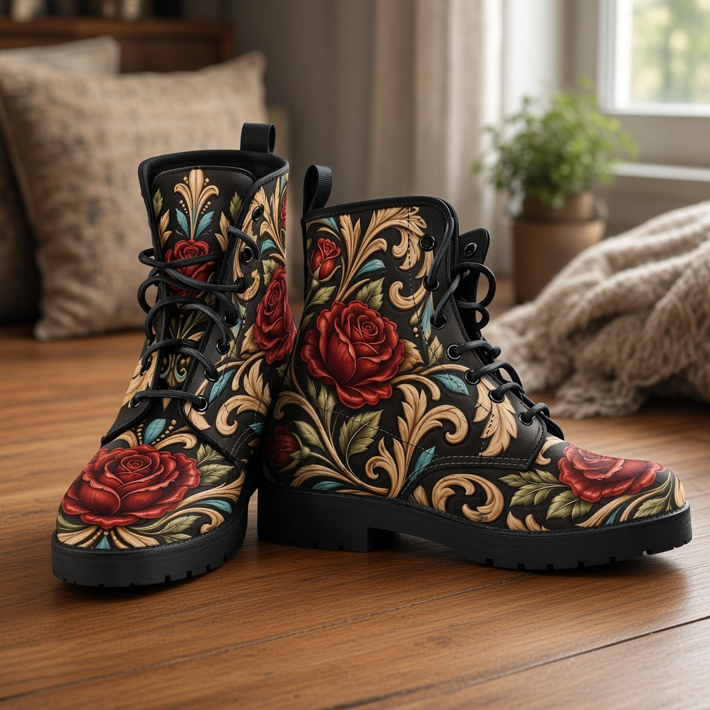 Western Floral Print Vegan Leather Lace-Up Boots