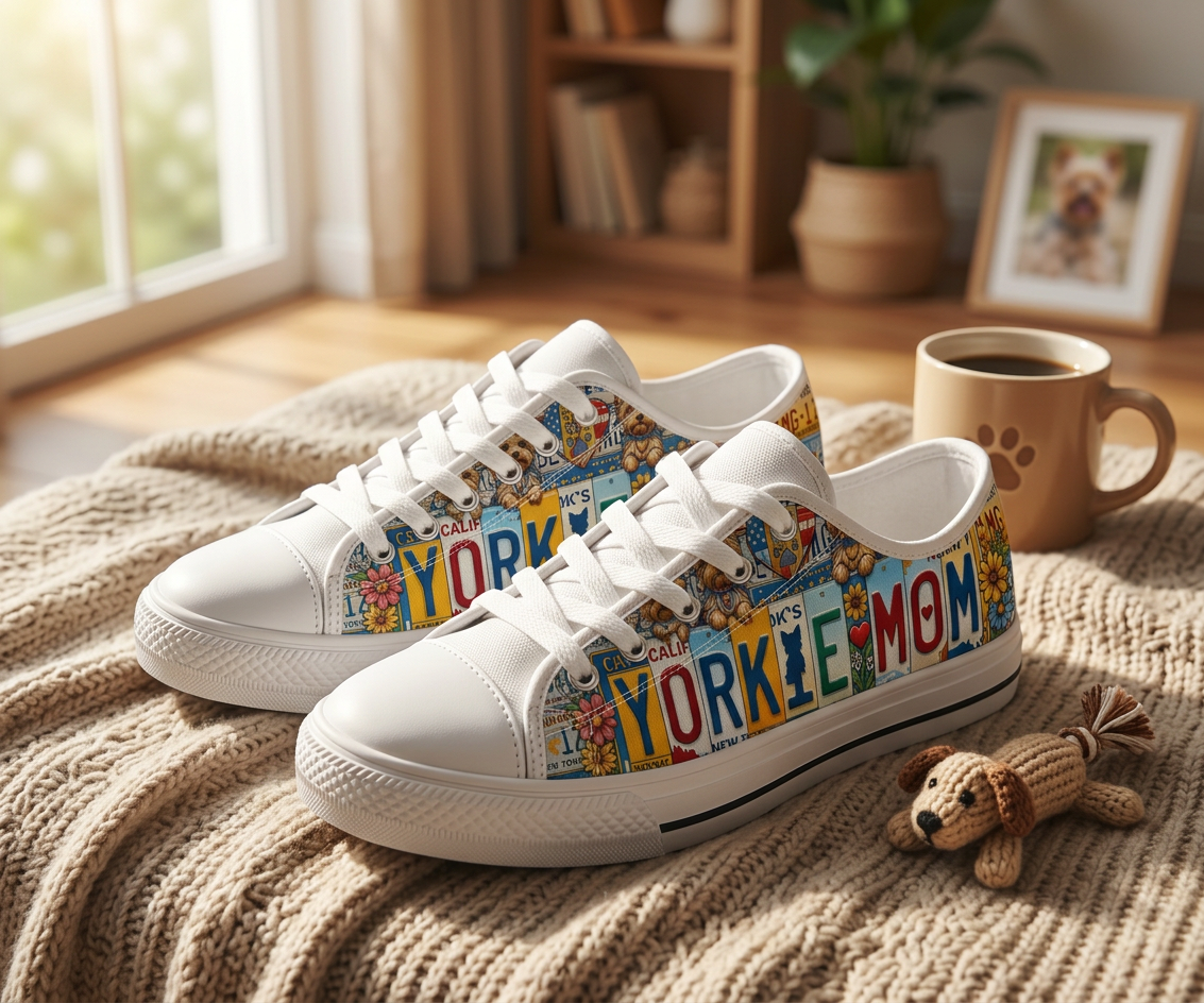 A pair of white canvas sneakers with colorful 'YORKER MOM' license plate art, displayed on a cozy beige knit blanket next to a mug and a small plush toy.