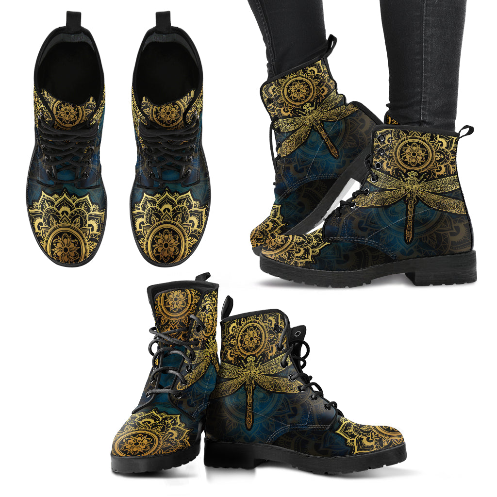 Mandala Dragonfly Gold Handcrafted Boots - TrendifyCo