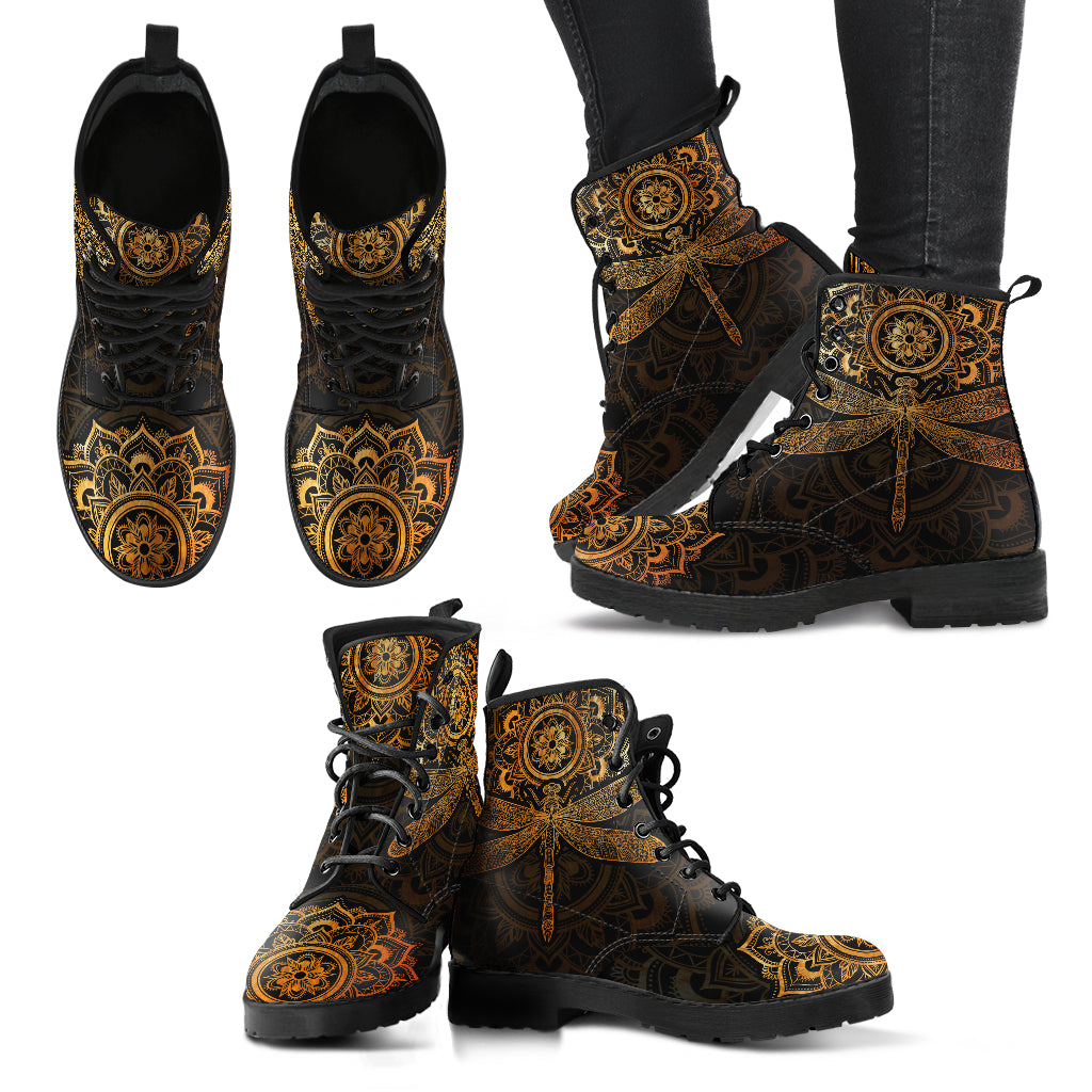 Mandala Dragonfly Rusty Gold Handcrafted Boots - TrendifyCo