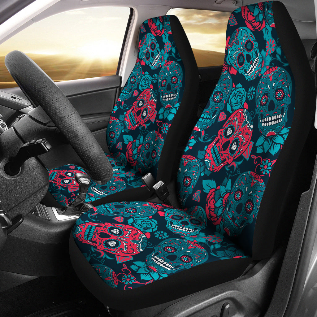 Red & Blue Sugar Skull Car Seat Covers - TrendifyCo