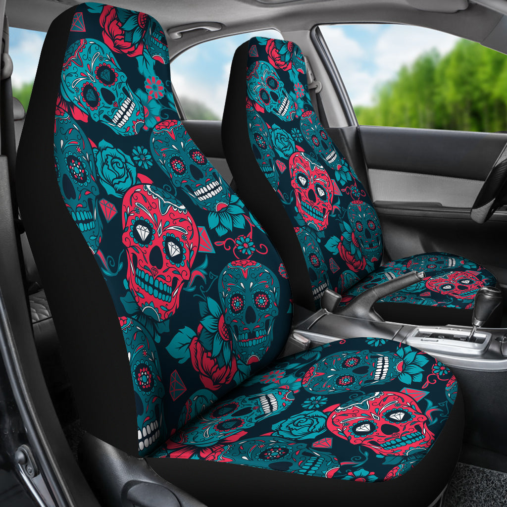 Red & Blue Sugar Skull Car Seat Covers - TrendifyCo