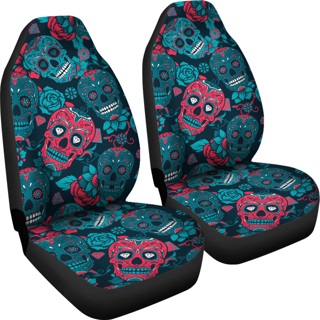 Red & Blue Sugar Skull Car Seat Covers - TrendifyCo