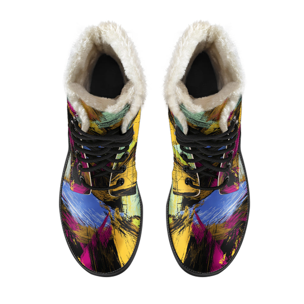 Abstract Paint Faux Fur Leather Boots