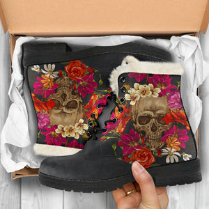Skull and Flowers - Fur Vegan Boots