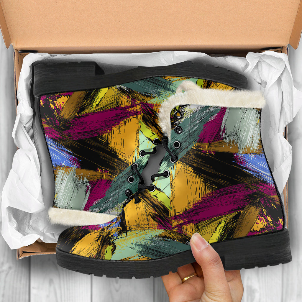Abstract Paint Faux Fur Leather Boots