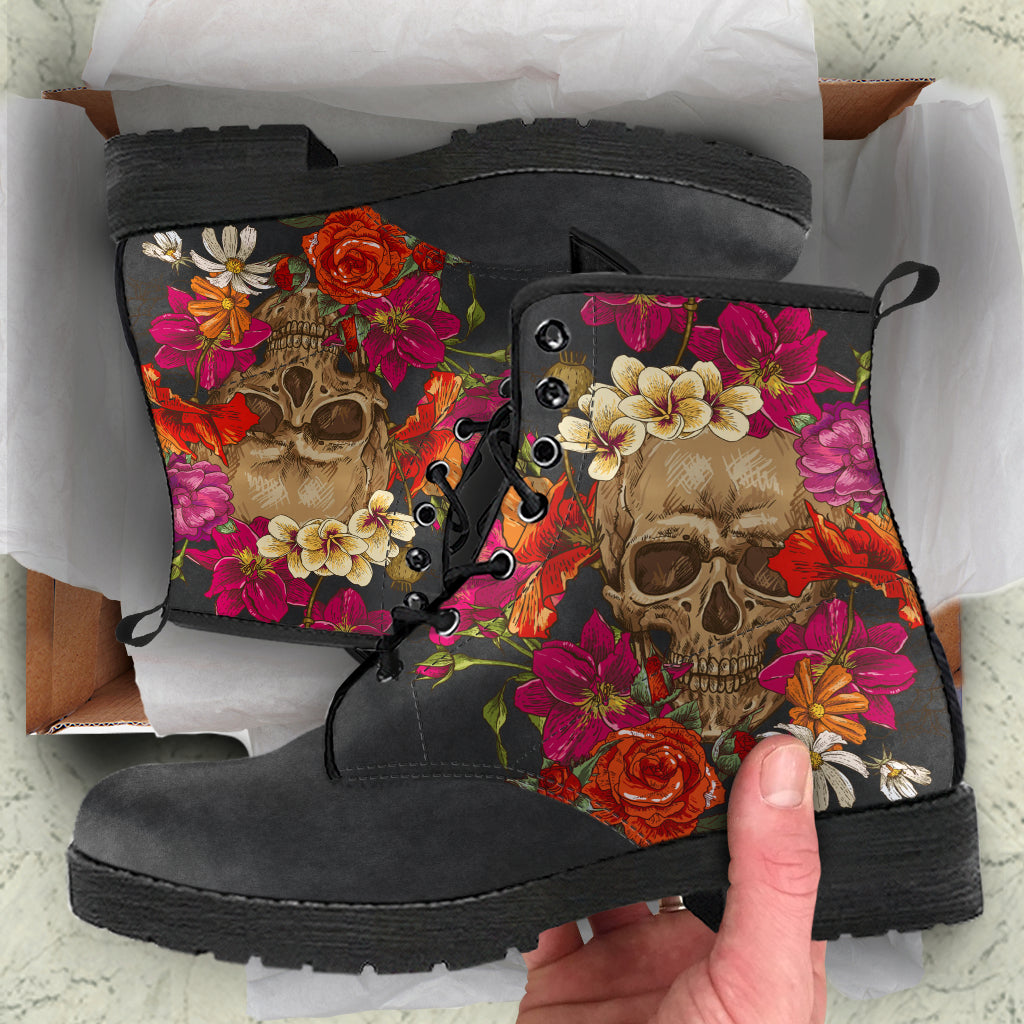 Skull and Roses Vegan Leather Boots
